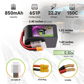 2 Pack OVONIC 22.2V 150C 850mAh 6S LiPo Battery with XT30 Plug for 90-180mm Brushless FPV Drones Cinelog & Protek25